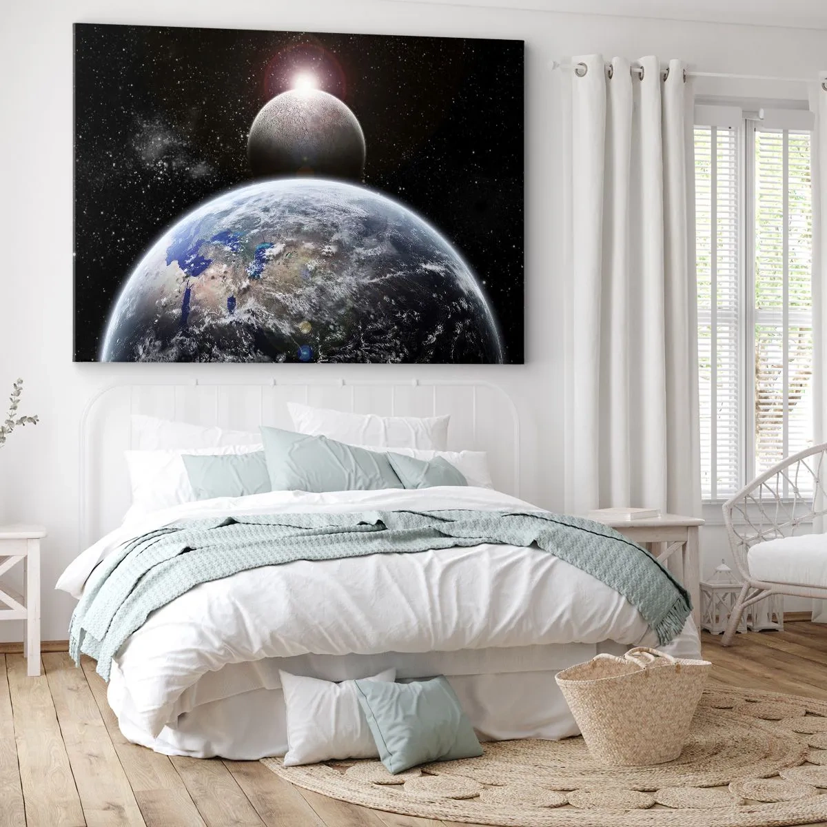 Bild auf Leinwand - Leinwandbild - Planet Erde und Mond vor dem Hintergrund des sternenklaren Weltraums. - 120x80cm - Weltraumlandschaft - Sonnenaufgang - Moderne Wanddekoration für Wohnzimmer und Schlafzimmer ARTTOR