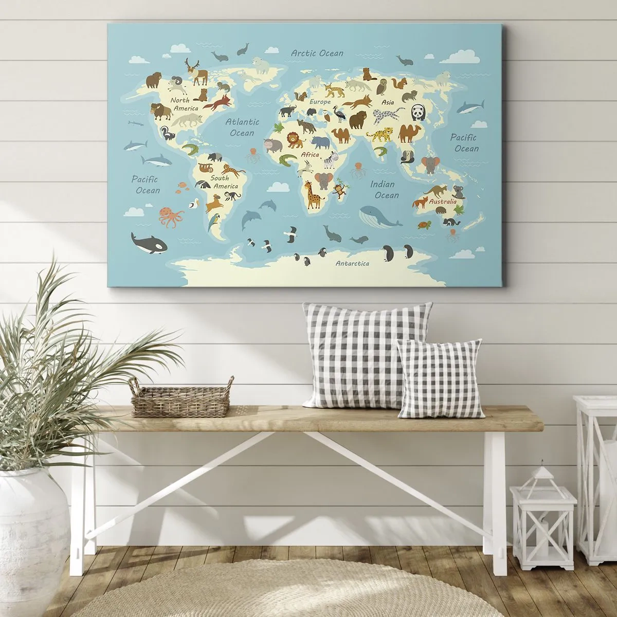 Bild auf Leinwand - Leinwandbild - Weltkarte mit Tierillustrationen - 70x50cm - Gute Nachbarn - Moderne Wanddekoration für Wohnzimmer und Schlafzimmer ARTTOR