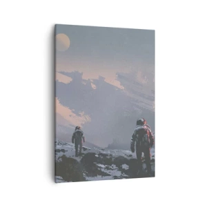 Bild auf Leinwand - Leinwandbild - Astronauten auf einem fremden Planeten mit einem Raumschiffwrack - 50x70cm - Unter einem unbekannten Stern - Moderne Wanddekoration für Wohnzimmer und Schlafzimmer ARTTOR
