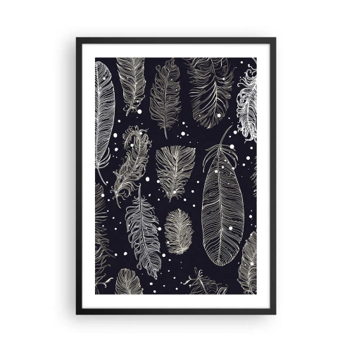 Poster in einem schwarzem Rahmen - Weiße Federn auf schwarzem Hintergrund in elegantem Arrangement - 50x70cm - Gefiederte Spitze - Moderne Wanddekoration für Wohnzimmer und Schlafzimmer ARTTOR