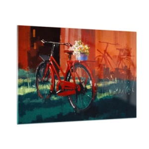 Glasbild - Bild auf glas - Ein rotes Fahrrad mit Blumen vor einem roten Gebäude - 100x70cm - Ich möchte mit meinem Fahrrad fahren - Moderne Wanddekoration für Wohnzimmer und Schlafzimmer ARTTOR