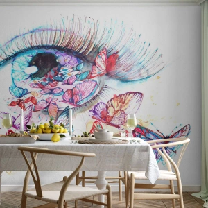 Fototapete Premium Canvas - Ein Aquarellauge, umgeben von bunten Schmetterlingen - 100x70cm - Märchenhafter Augenzauber - Moderne Wanddekoration für Wohnzimmer und Schlafzimmer ARTTOR