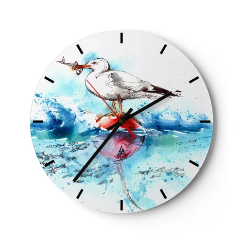 Wanduhr - Glasuhr - Eine Möwe mit einem Fisch auf einer Boje zwischen den Wellen, dargestellt im Aquarellstil - 30x30cm - Erfolgreicher Fang - Moderne Wanddekoration für Wohnzimmer, Küche und Schlafzimmer ARTTOR