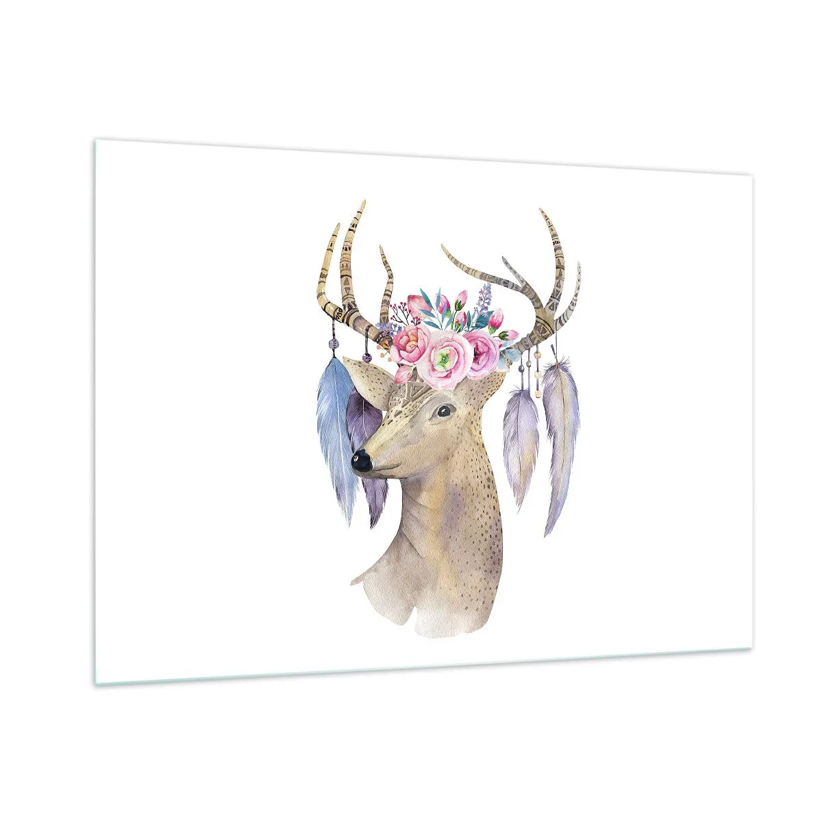 Glasbild - Bild auf glas - Hirsch mit Blumenkranz und Federn - 100x70cm - Seelenführer - sanft, unschuldig - Moderne Wanddekoration für Wohnzimmer und Schlafzimmer ARTTOR