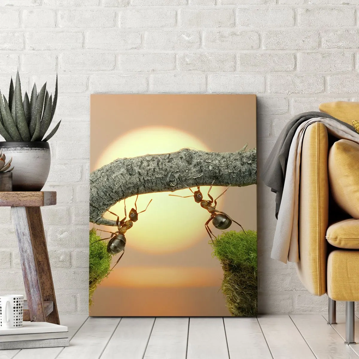 Bild auf Leinwand - Leinwandbild - Ameisen bauen vor dem Hintergrund der untergehenden Sonne eine Brücke aus Ästen. - 50x70cm - Glücklich, zusammen arbeiten - Moderne Wanddekoration für Wohnzimmer und Schlafzimmer ARTTOR