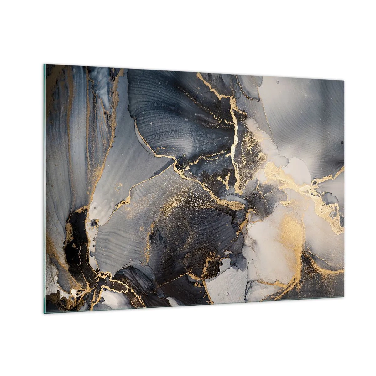 Glasbild - Bild auf glas - Dunkle Abstraktion mit Marmoreffekt und goldenen Adern - 100x70cm - Leben aus Stein - Moderne Wanddekoration für Wohnzimmer und Schlafzimmer ARTTOR