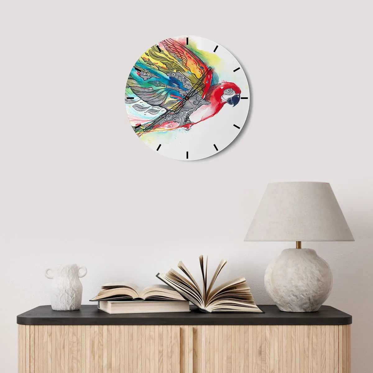 Wanduhr - Glasuhr - Ein Papagei in intensiven Farben mit dekorativen Mustern auf seinen Flügeln - 30x30cm - Leben Sie bunt - Moderne Wanddekoration für Wohnzimmer, Küche und Schlafzimmer ARTTOR