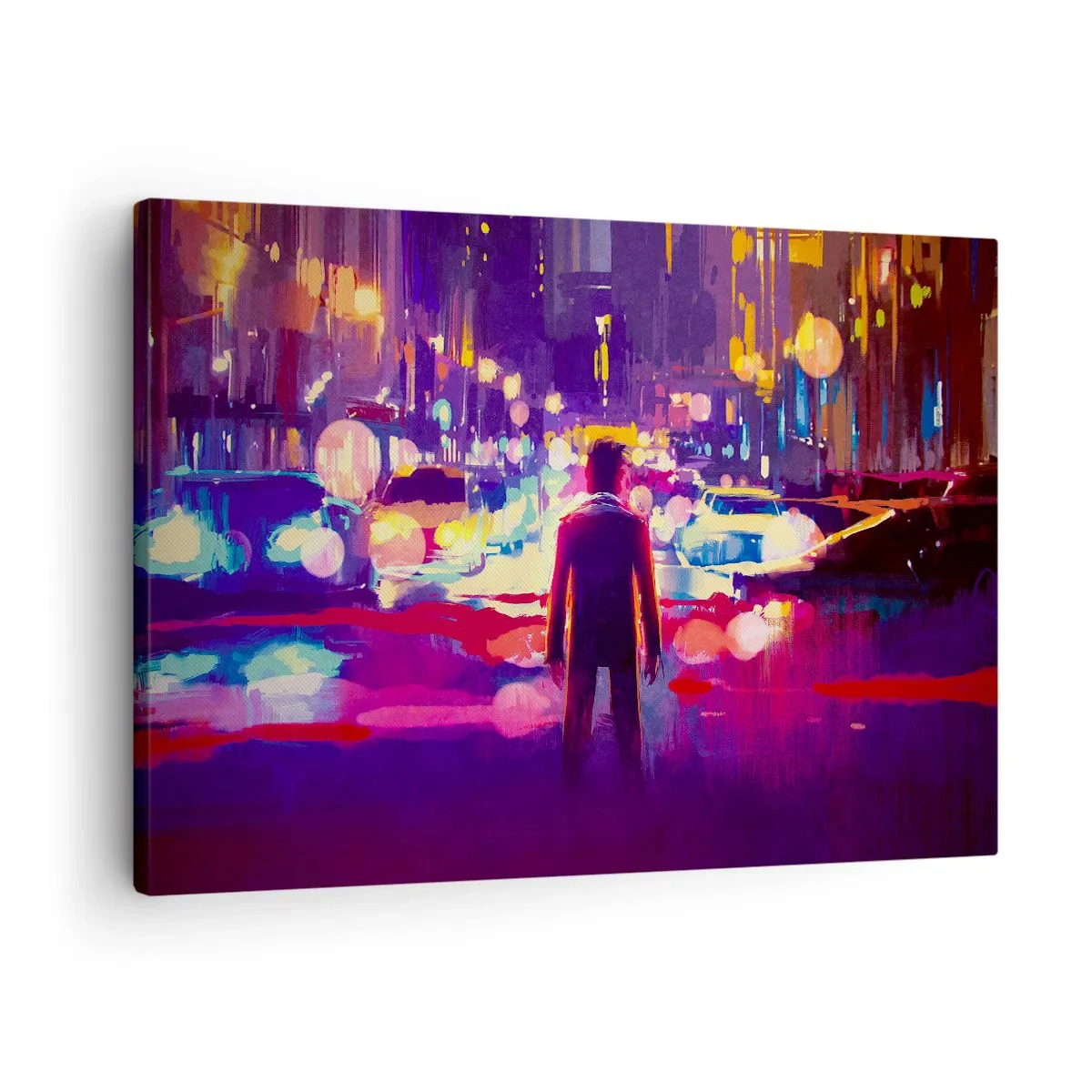 Bild auf Leinwand - Leinwandbild - Ein Mann in einer neonfarbenen Nachtszene einer Stadt - 70x50cm - Eingetaucht in das Licht - Moderne Wanddekoration für Wohnzimmer und Schlafzimmer ARTTOR