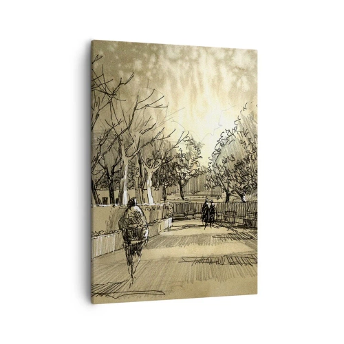 Bild auf Leinwand - Leinwandbild - Eine Cartoon-Szene eines Parks mit spazierenden Menschen in warmen Tönen. - 50x70cm - Ein Moment mit einer Feder angehalten - Moderne Wanddekoration für Wohnzimmer und Schlafzimmer ARTTOR