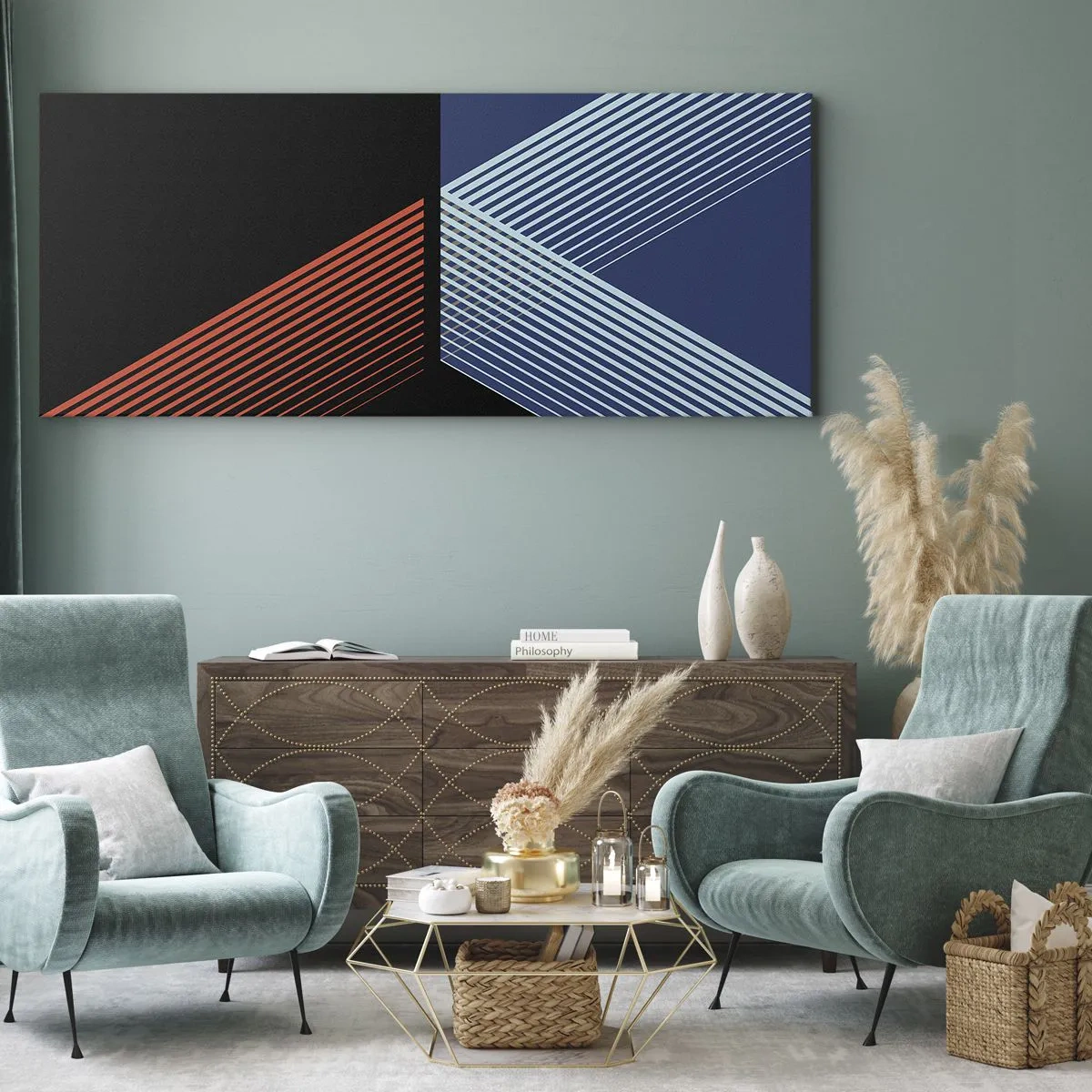 Bild auf Leinwand - Leinwandbild - Geometrische Linien in Rot- und Blautönen - 140x50cm - Eine einfache Geschichte - Moderne Wanddekoration für Wohnzimmer und Schlafzimmer ARTTOR