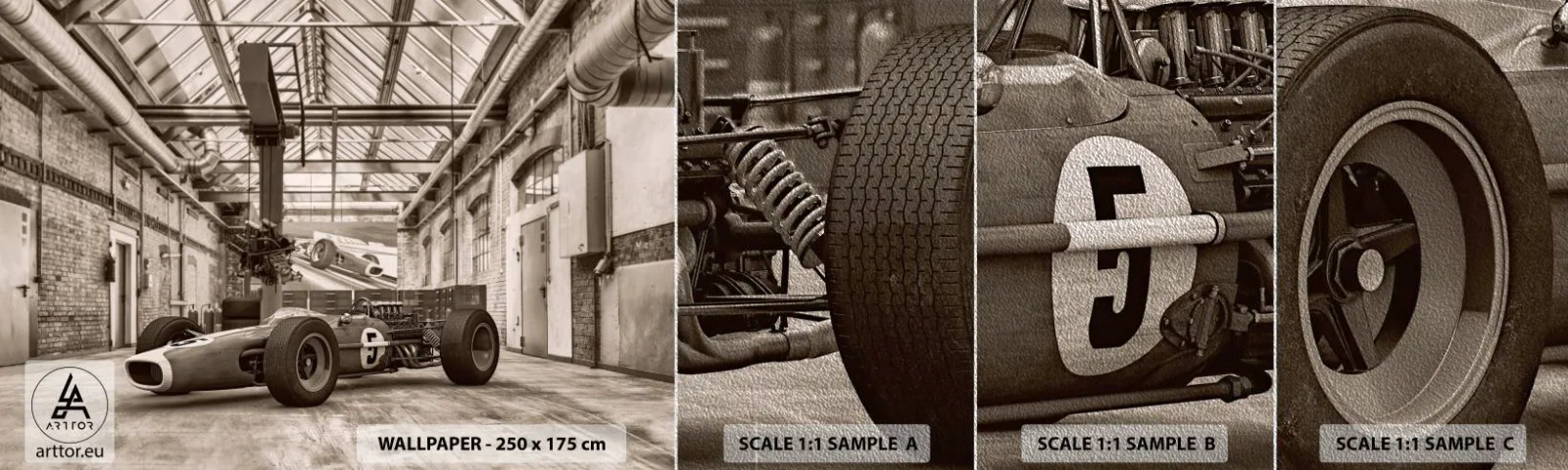 Fototapeten Muster Premium Sand - Die Siegerruhe - Formel 1, Retro, Automobil - 100x30 cm