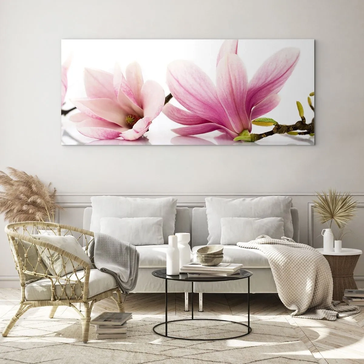 Glasbild - Bild auf glas - Zarte rosa Magnolien auf weißem Hintergrund - 160x50cm - Zart wie ein Frühlingswind - Moderne Wanddekoration für Wohnzimmer und Schlafzimmer ARTTOR