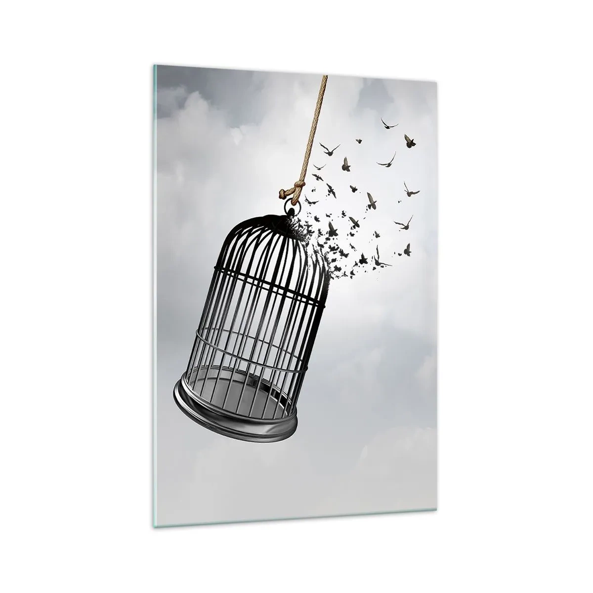 Glasbild - Bild auf glas - Vögel fliegen aus einem Käfig gegen den Himmel - 70x100cm - Glaube ... Hoffnung ... Freiheit! - Moderne Wanddekoration für Wohnzimmer und Schlafzimmer ARTTOR