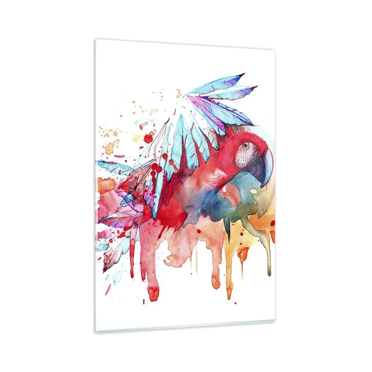 Glasbild - Bild auf glas - Ein Papagei im künstlerischen Aquarellstil - 80x120cm - Bunte Papageien - Moderne Wanddekoration für Wohnzimmer und Schlafzimmer ARTTOR