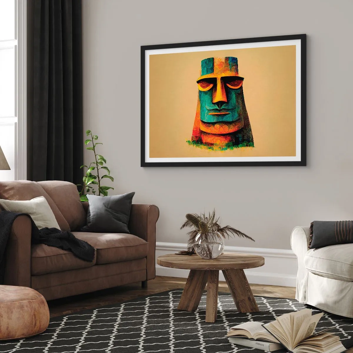 Poster in einem schwarzem Rahmen - Bunte Statue von der Osterinsel - 100x70cm - Statuenhaft und sympathisch - Moderne Wanddekoration für Wohnzimmer und Schlafzimmer ARTTOR