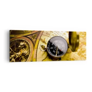 Bild auf Leinwand - Leinwandbild - Ein antiker Kompass vor dem Hintergrund einer alten Weltkarte - 140x50cm - Oder vielleicht bis ans Ende der Welt? - Moderne Wanddekoration für Wohnzimmer und Schlafzimmer ARTTOR