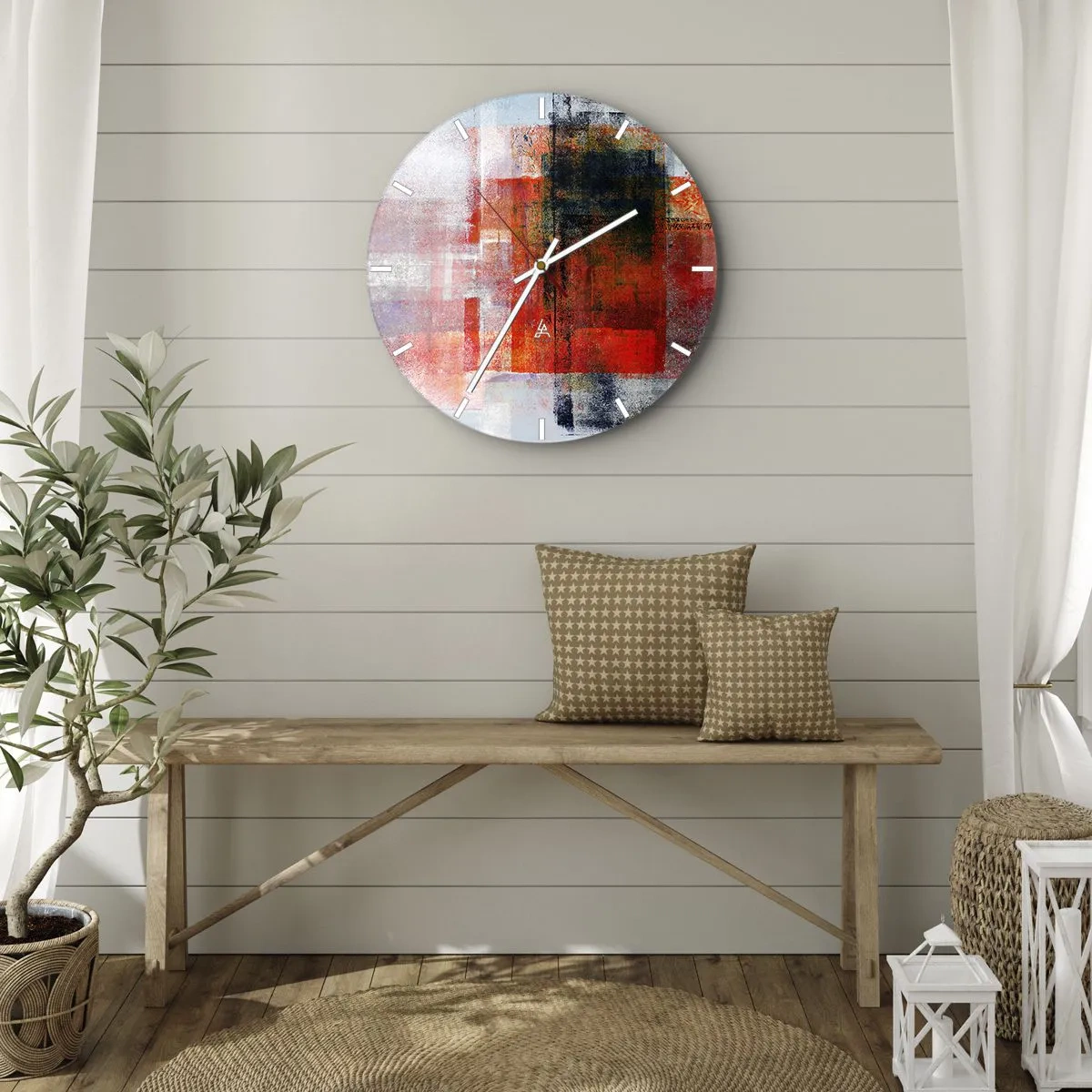 Wanduhr - Glasuhr - Abstrakte geometrische Formen in Rottönen - 30x30cm - Komposition leuchtet - Moderne Wanddekoration für Wohnzimmer, Küche und Schlafzimmer ARTTOR