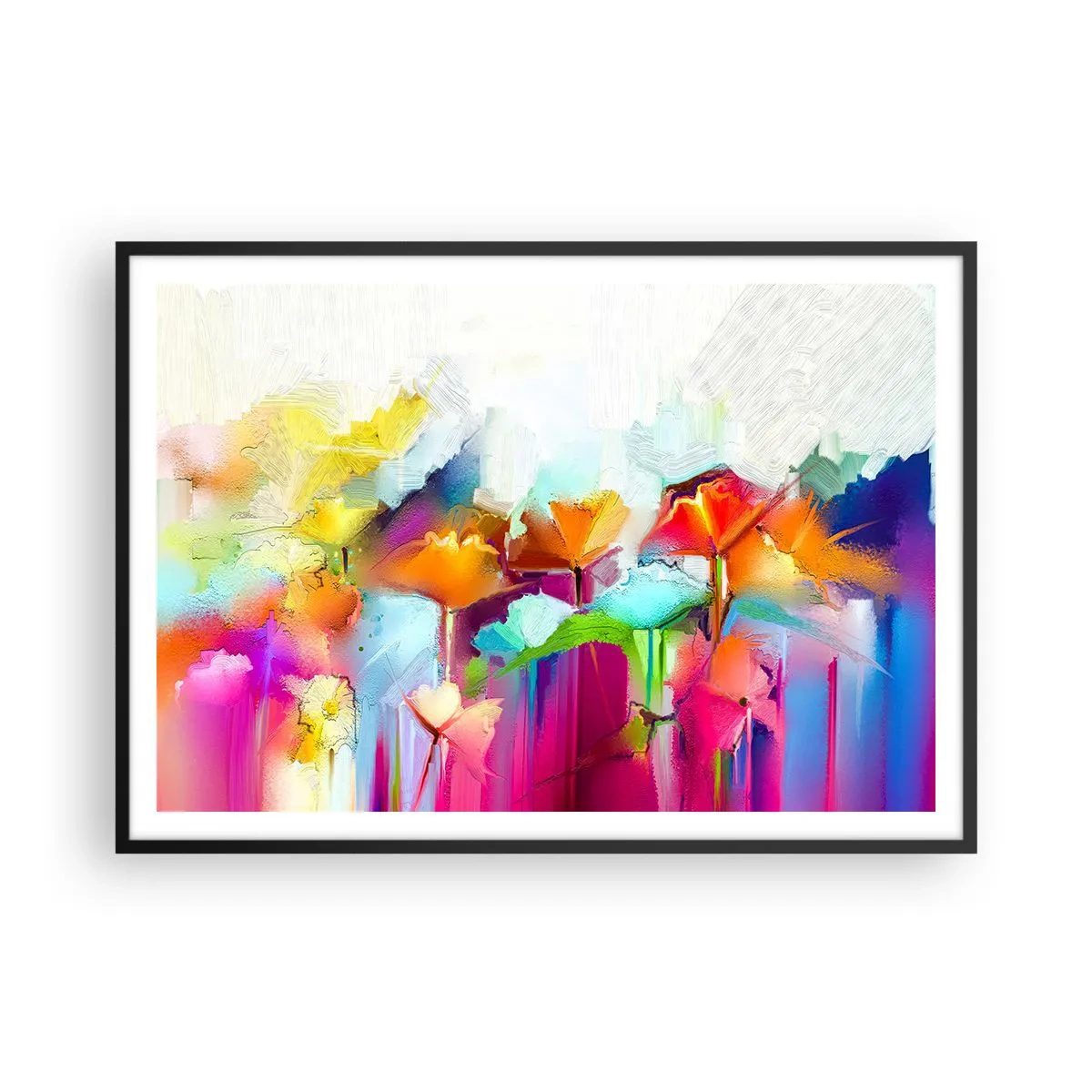 Poster in einem schwarzem Rahmen - Abstrakte bunte Blumen auf hellem Hintergrund - 100x70cm - Der Regenbogen ist aufgeblüht - Moderne Wanddekoration für Wohnzimmer und Schlafzimmer ARTTOR