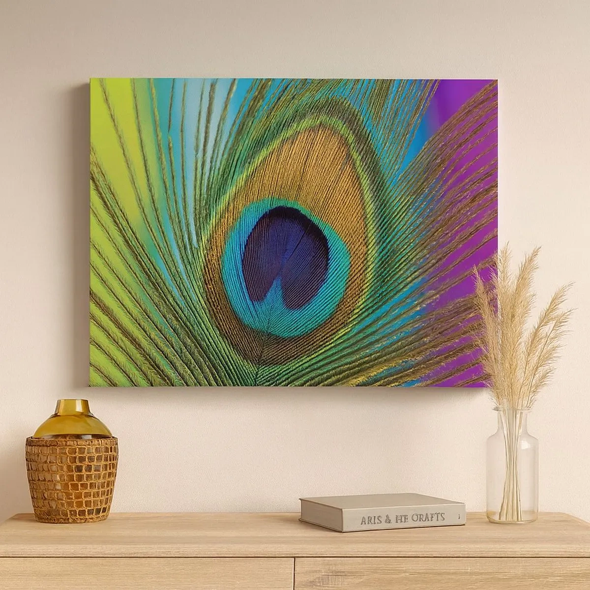Bild auf Leinwand - Leinwandbild - Nahaufnahme einer Pfauenfeder mit lebendigen Farben - 70x50cm - Auge in Auge - Moderne Wanddekoration für Wohnzimmer und Schlafzimmer ARTTOR