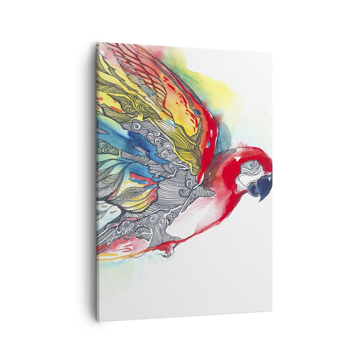 Bild auf Leinwand - Leinwandbild - Ein bunter Papagei im Flug mit abstrakten Mustern auf seinen Flügeln. - 50x70cm - Leben Sie bunt - Moderne Wanddekoration für Wohnzimmer und Schlafzimmer ARTTOR