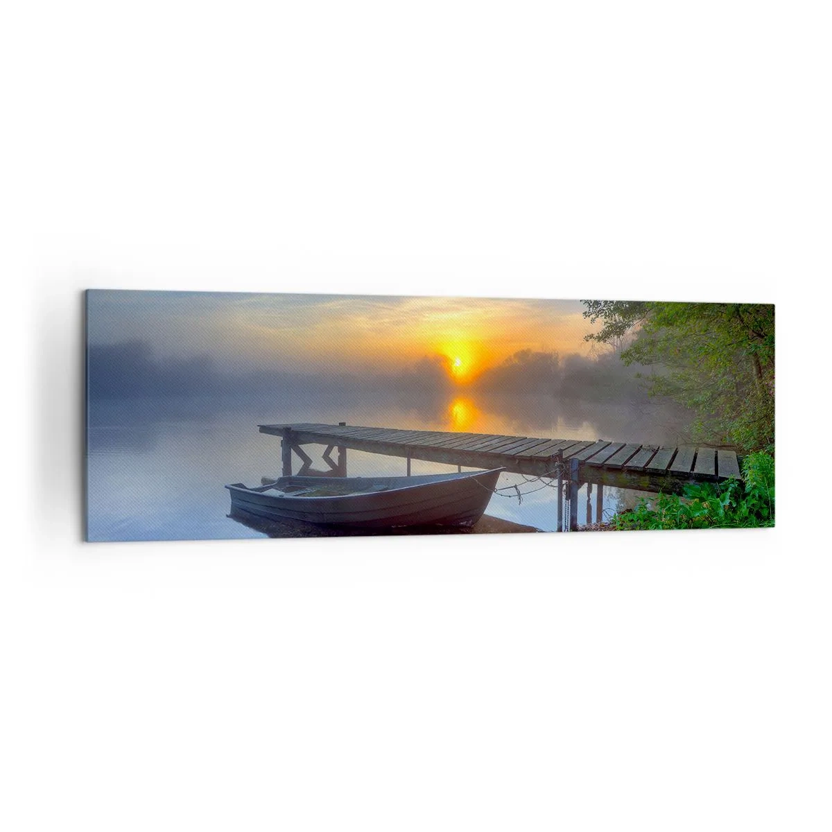 Bild auf Leinwand - Leinwandbild - Ein Seesteg bei Sonnenaufgang mit einem Boot am Ufer - 160x50cm - Wie aus Gewöhnlichem Magie wird - Moderne Wanddekoration für Wohnzimmer und Schlafzimmer ARTTOR