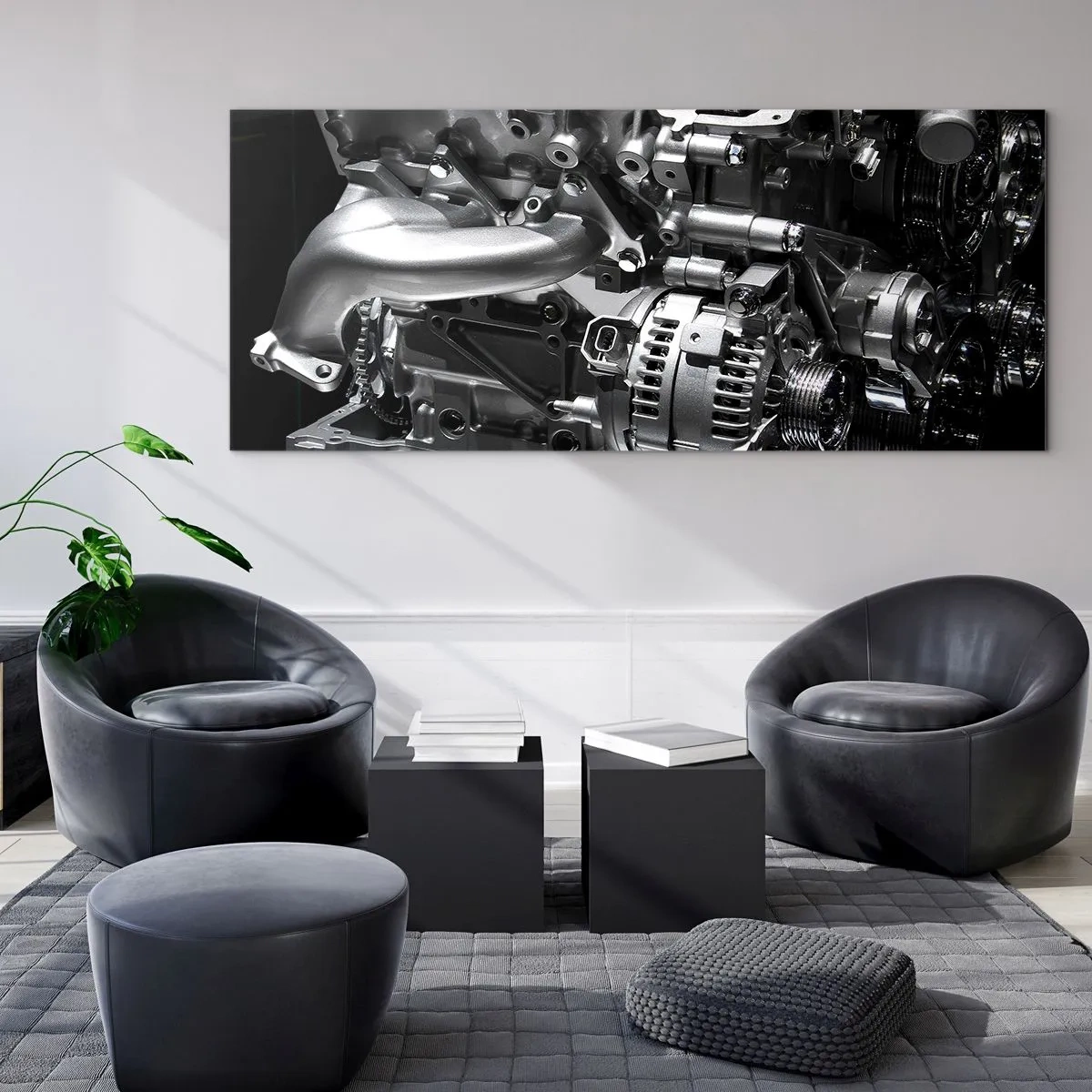 Glasbild - Bild auf glas - Nahaufnahme von metallischen Motorteilen auf schwarzem Hintergrund - 120x50cm - Stahl, schön, stark - Moderne Wanddekoration für Wohnzimmer und Schlafzimmer ARTTOR