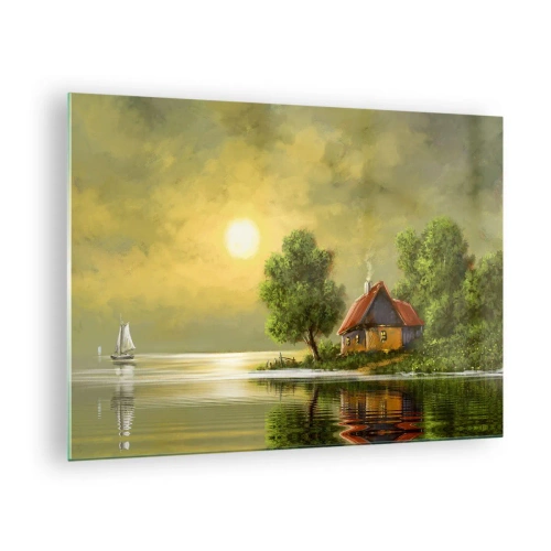 Glasbild - Bild auf glas - Eine malerische Landschaft mit einem Häuschen am See bei Sonnenuntergang - 70x50cm - Schön, wie ein Bild - Moderne Wanddekoration für Wohnzimmer und Schlafzimmer ARTTOR
