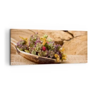 Bild auf Leinwand - Leinwandbild - Getrocknete Kräuter in einem Holzlöffel auf natürlichem Holzhintergrund - 120x50cm - Bunte Blumen und duftende Kräuter - Moderne Wanddekoration für Wohnzimmer und Schlafzimmer ARTTOR