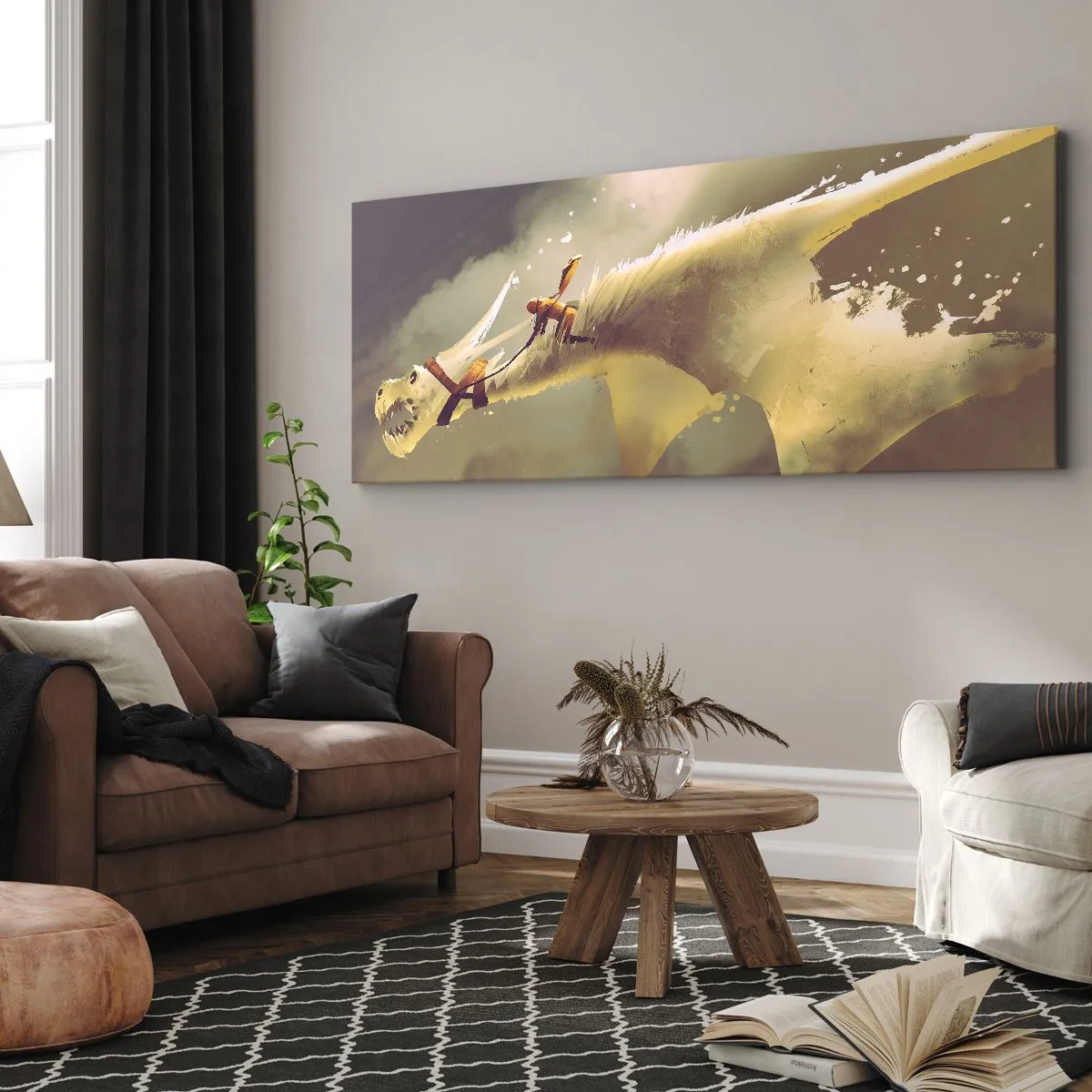 Bild auf Leinwand - Leinwandbild - Illustration eines Drachenreiters in einer Fantasy-Wolkenlandschaft - 120x50cm - Die Welt zur Rettung - Moderne Wanddekoration für Wohnzimmer und Schlafzimmer ARTTOR