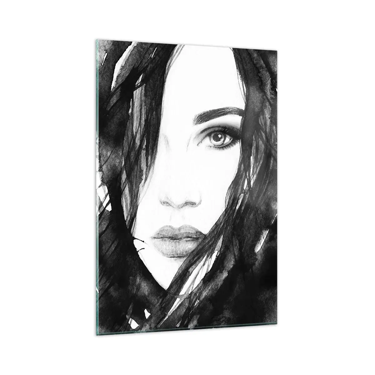 Glasbild - Bild auf glas - Porträt einer Frau in Schwarz-Weiß-Aquarell - 80x120cm - Porträt einer Dame in Schwarzweiß - Moderne Wanddekoration für Wohnzimmer und Schlafzimmer ARTTOR
