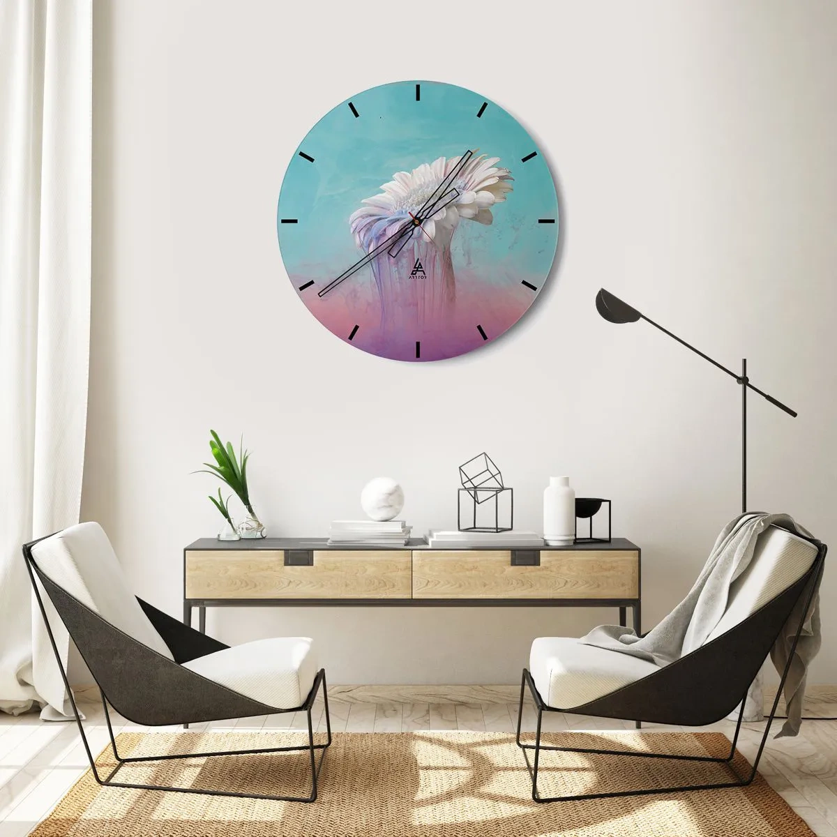 Wanduhr - Glasuhr - Eine Blume auf pastellfarbenem Hintergrund mit fließenden Farben - 30x30cm - Blumenunterwelt - Moderne Wanddekoration für Wohnzimmer, Küche und Schlafzimmer ARTTOR