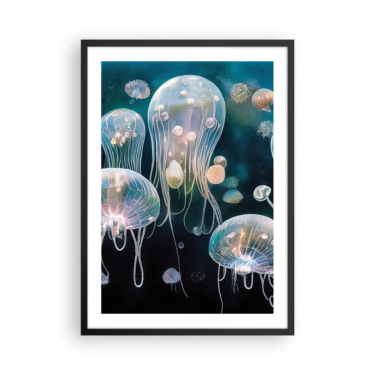 Poster in einem schwarzem Rahmen - Subtile Quallen schwimmen im Meer - 50x70cm - Unterwasserball - Moderne Wanddekoration für Wohnzimmer und Schlafzimmer ARTTOR