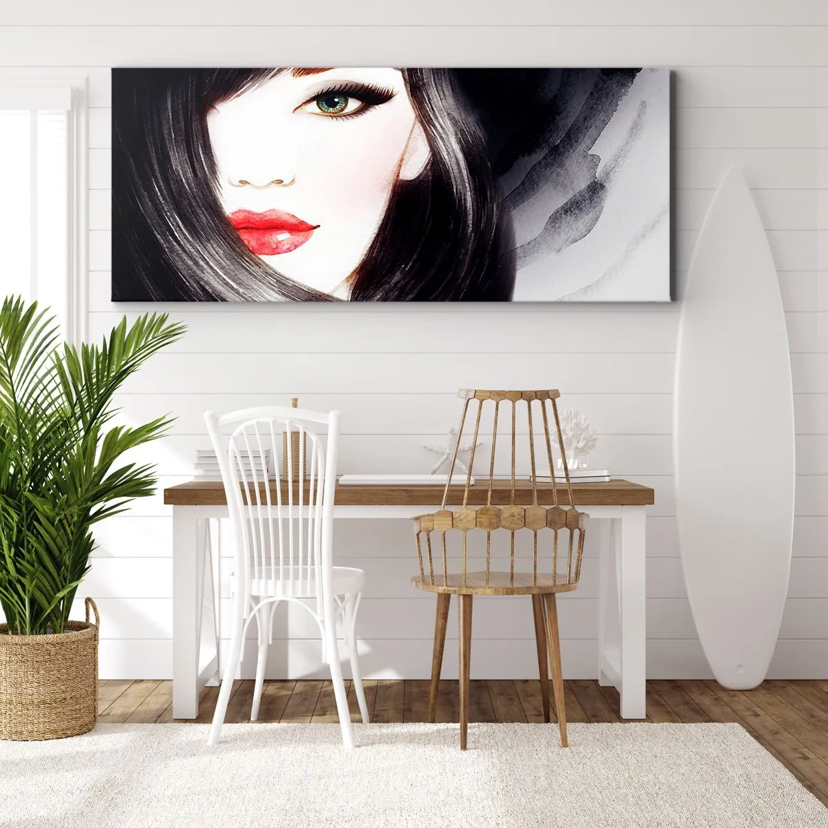 Bild auf Leinwand - Leinwandbild - Porträt einer Frau mit ausdrucksstarkem Blick und roten Lippen - 160x50cm - Saphir-Optik - Moderne Wanddekoration für Wohnzimmer und Schlafzimmer ARTTOR