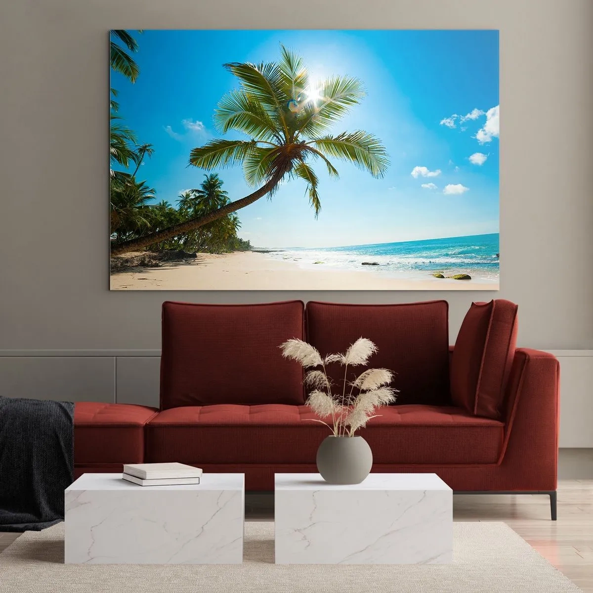 Glasbild - Bild auf glas - Tropischer Strand mit Palmen und blauem Himmel - 100x70cm - Niemandem zeigen - Moderne Wanddekoration für Wohnzimmer und Schlafzimmer ARTTOR