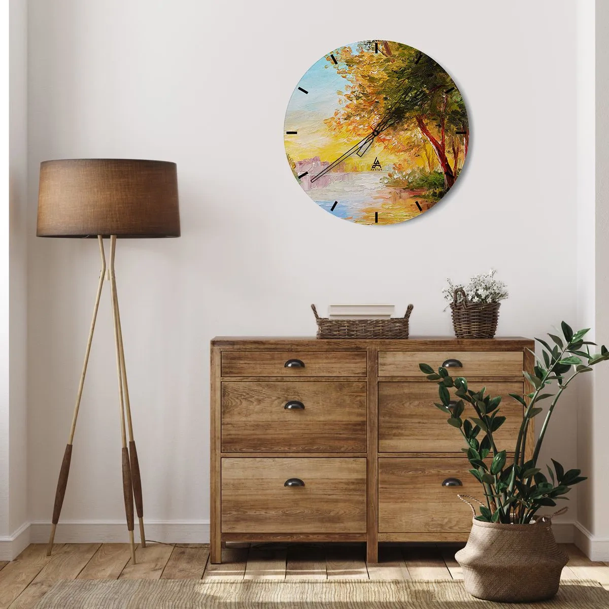 Wanduhr - Glasuhr - Herbstbäume am Fluss im warmen Sonnenlicht - 30x30cm - Et in Arcadia ego - Moderne Wanddekoration für Wohnzimmer, Küche und Schlafzimmer ARTTOR