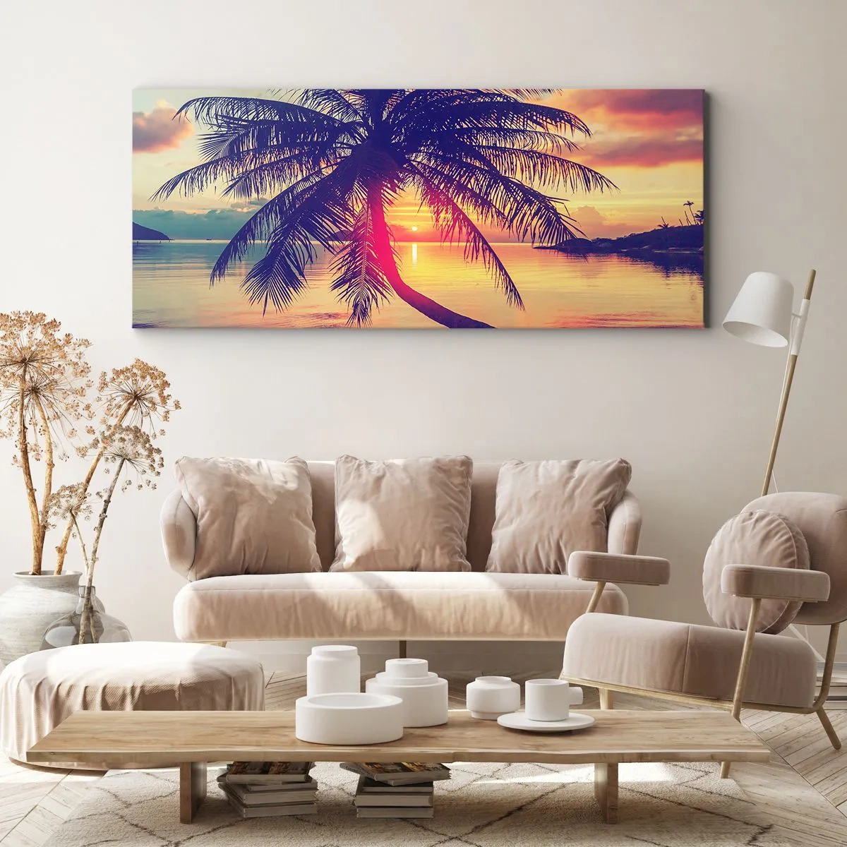 Bild auf Leinwand - Leinwandbild - Sonnenuntergang mit einer Palme über einem ruhigen Ufer - 120x50cm - Abend unter Palmen - Moderne Wanddekoration für Wohnzimmer und Schlafzimmer ARTTOR