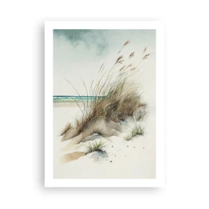 Poster - Aquarellartige Dünen mit Gräsern an einem ruhigen Meer - 50x70cm - Mit Sand bedeckt - Moderne Wanddekoration für Wohnzimmer und Schlafzimmer ARTTOR