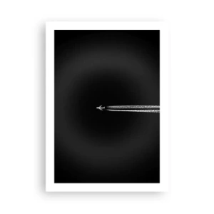 Poster - Ein Flugzeug fliegt vor einem schwarzen Hintergrund und hinterlässt Kondensstreifen. - 50x70cm - In eine andere Dimension - Moderne Wanddekoration für Wohnzimmer und Schlafzimmer ARTTOR