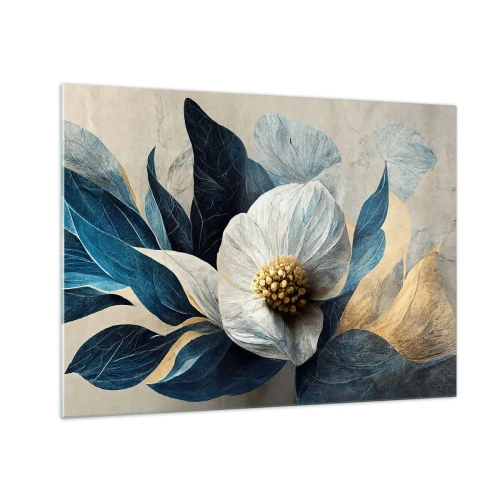 Glasbild - Bild auf glas - Ein weißes Blumenarrangement mit marineblauen Blättern und einer goldenen Mitte - 70x50cm - Er hat ein Herz aus Gold - Moderne Wanddekoration für Wohnzimmer und Schlafzimmer ARTTOR