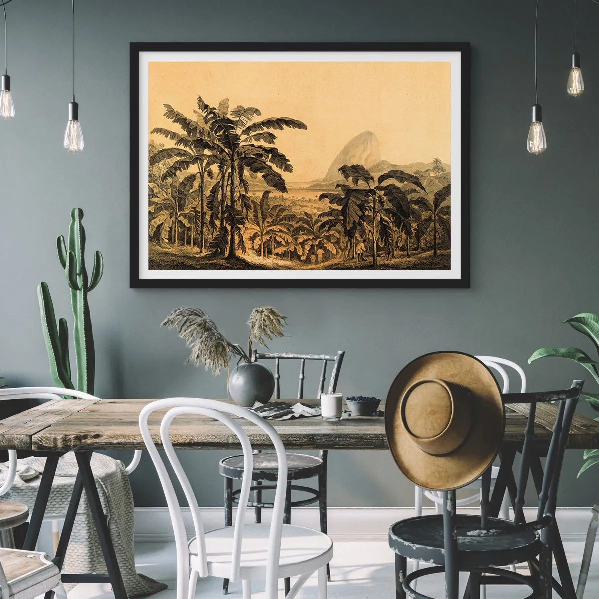Poster in einem schwarzem Rahmen - Zeichnung von Bananenbäumen vor dem Hintergrund einer tropischen Landschaft - 70x50cm - in einem kolonialen Klima - Moderne Wanddekoration für Wohnzimmer und Schlafzimmer ARTTOR