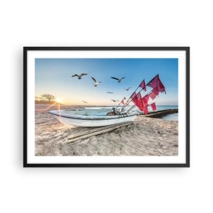 Poster in einem schwarzem Rahmen - Ein Boot am Strand im Morgengrauen mit Möwen und roten Fahnen - 70x50cm - Wohlverdiente Ruhe - Moderne Wanddekoration für Wohnzimmer und Schlafzimmer ARTTOR