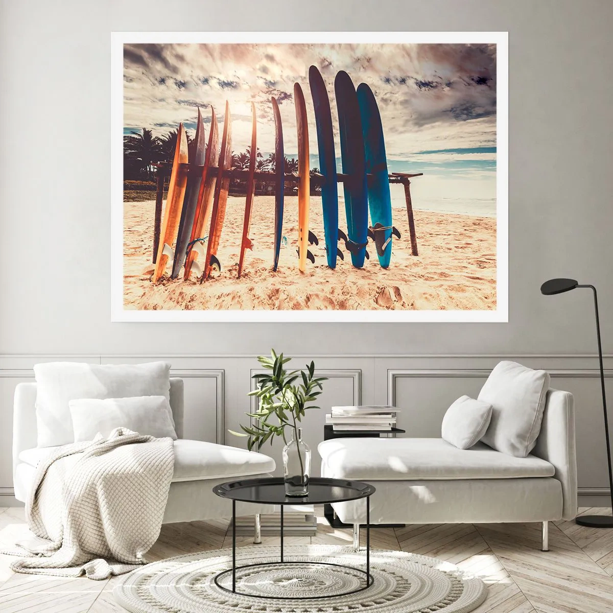 Poster - Surfbretter am Strand bei Sonnenuntergang - 100x70cm - Gute Nacht bis morgen - Moderne Wanddekoration für Wohnzimmer und Schlafzimmer ARTTOR