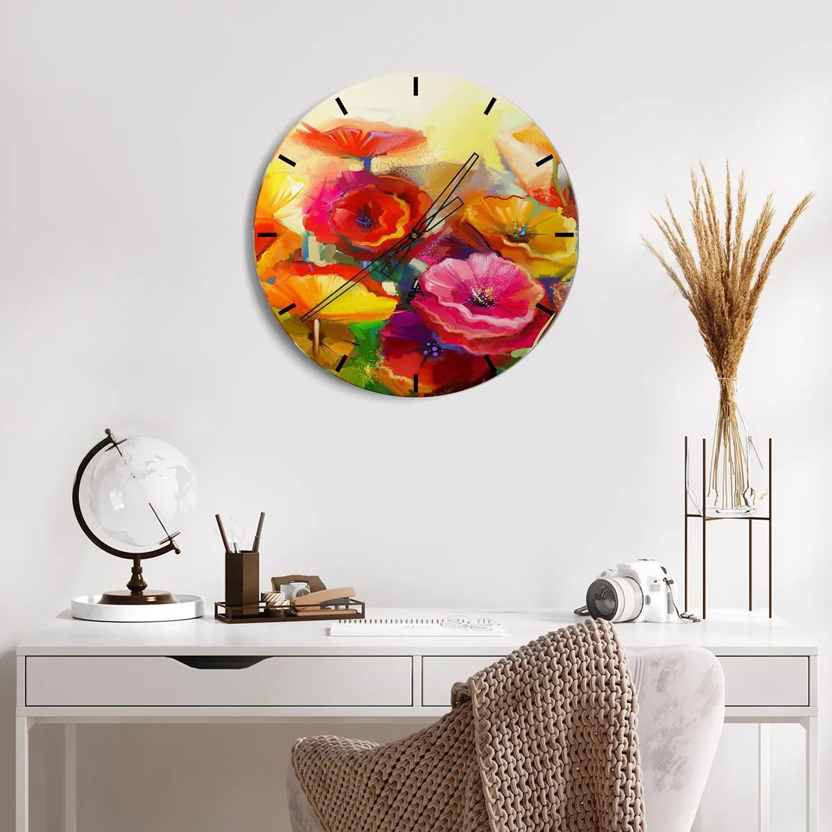Wanduhr - Glasuhr - Abstrakte bunte Blumen auf hellem Hintergrund - 30x30cm - Nicht nur rot - Moderne Wanddekoration für Wohnzimmer, Küche und Schlafzimmer ARTTOR