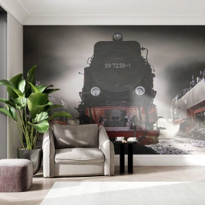 Selbstklebende Fototapete Deluxe Sticker - Er steht und keucht, seufzt und pustet - Dampflokomotive, Bahnhof, Automobil - 100x70 cm
