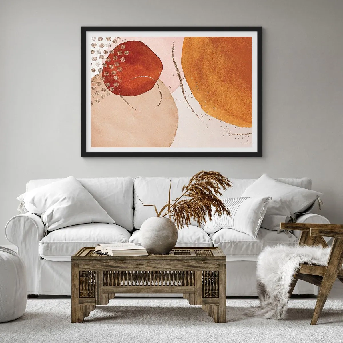 Poster in einem schwarzem Rahmen - Abstrakte Formen in warmen Braun- und Goldtönen - 70x50cm - Rundheit und Bewegung - Moderne Wanddekoration für Wohnzimmer und Schlafzimmer ARTTOR