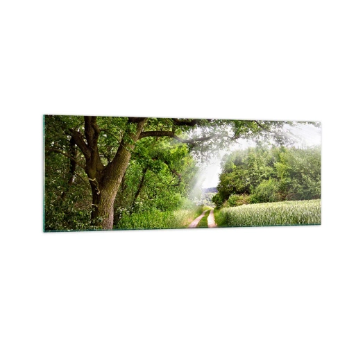 Glasbild - Bild auf glas - Eine unbefestigte Straße zwischen grünen Bäumen und Sonnenlicht - 140x50cm - Et in Arcadia ego - Moderne Wanddekoration für Wohnzimmer und Schlafzimmer ARTTOR