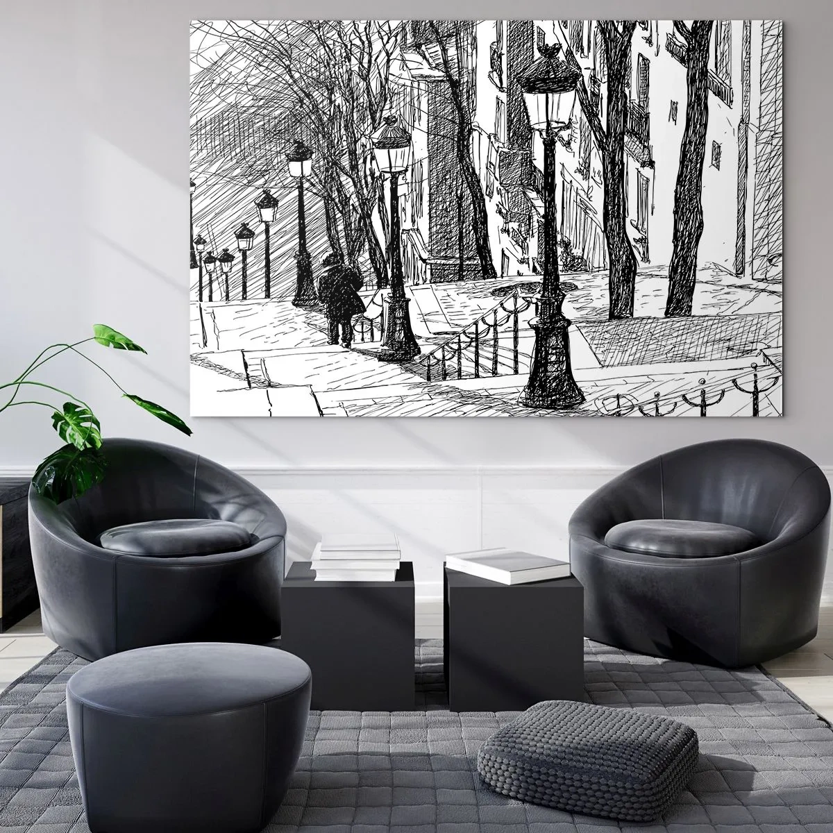 Glasbild - Bild auf glas - Schwarz-Weiß-Zeichnung einer Stadtstraße mit Laternen - 70x50cm - Liebesgeschichte oder Horrorgeschichte? - Moderne Wanddekoration für Wohnzimmer und Schlafzimmer ARTTOR