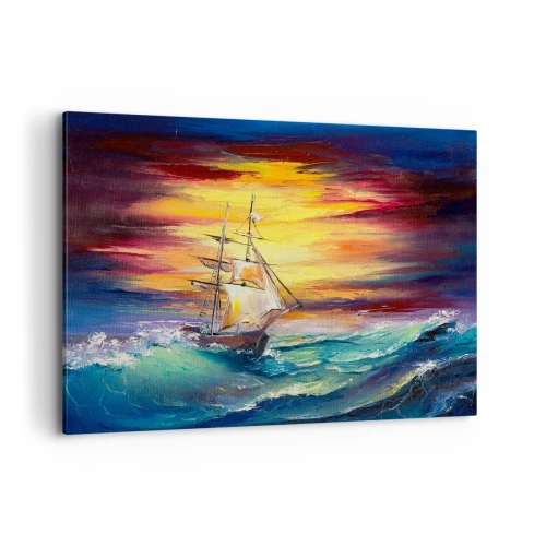 Bild auf Leinwand - Leinwandbild - Ein Segelschiff vor der Kulisse eines farbenfrohen Sonnenuntergangs - 120x80cm - Tapfer unter den Wellen - Moderne Wanddekoration für Wohnzimmer und Schlafzimmer ARTTOR