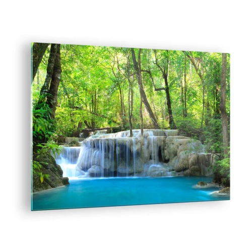 Glasbild - Bild auf glas - Ein Wasserfall, umgeben von grünen Bäumen und blauem Wasser - 70x50cm - In Türkis und Grün ertrinken - Moderne Wanddekoration für Wohnzimmer und Schlafzimmer ARTTOR