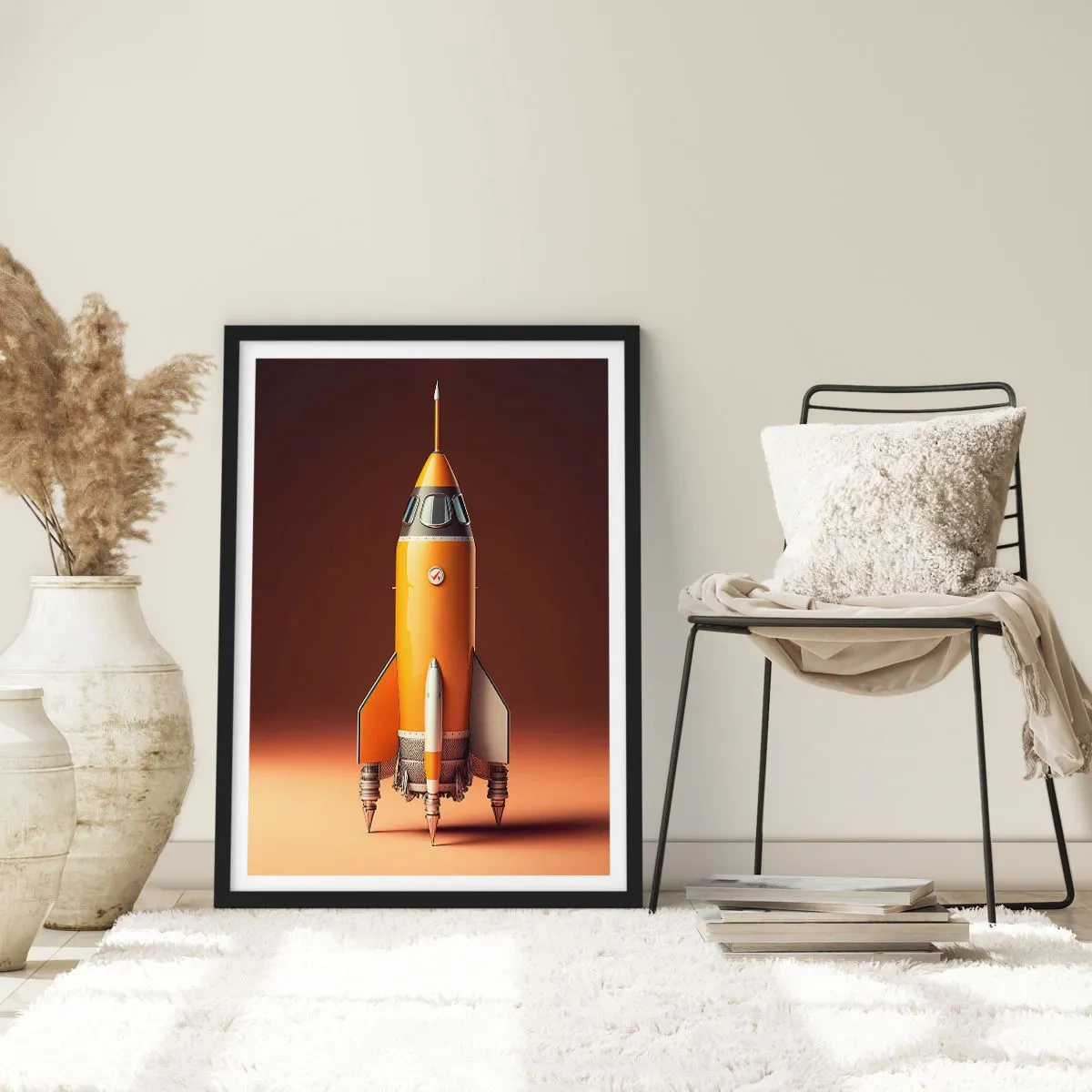 Poster in einem schwarzem Rahmen - Eine moderne Weltraumrakete vor einem Hintergrund in warmen Farben. - 50x70cm - Es beginnt mit einem Traum - Moderne Wanddekoration für Wohnzimmer und Schlafzimmer ARTTOR